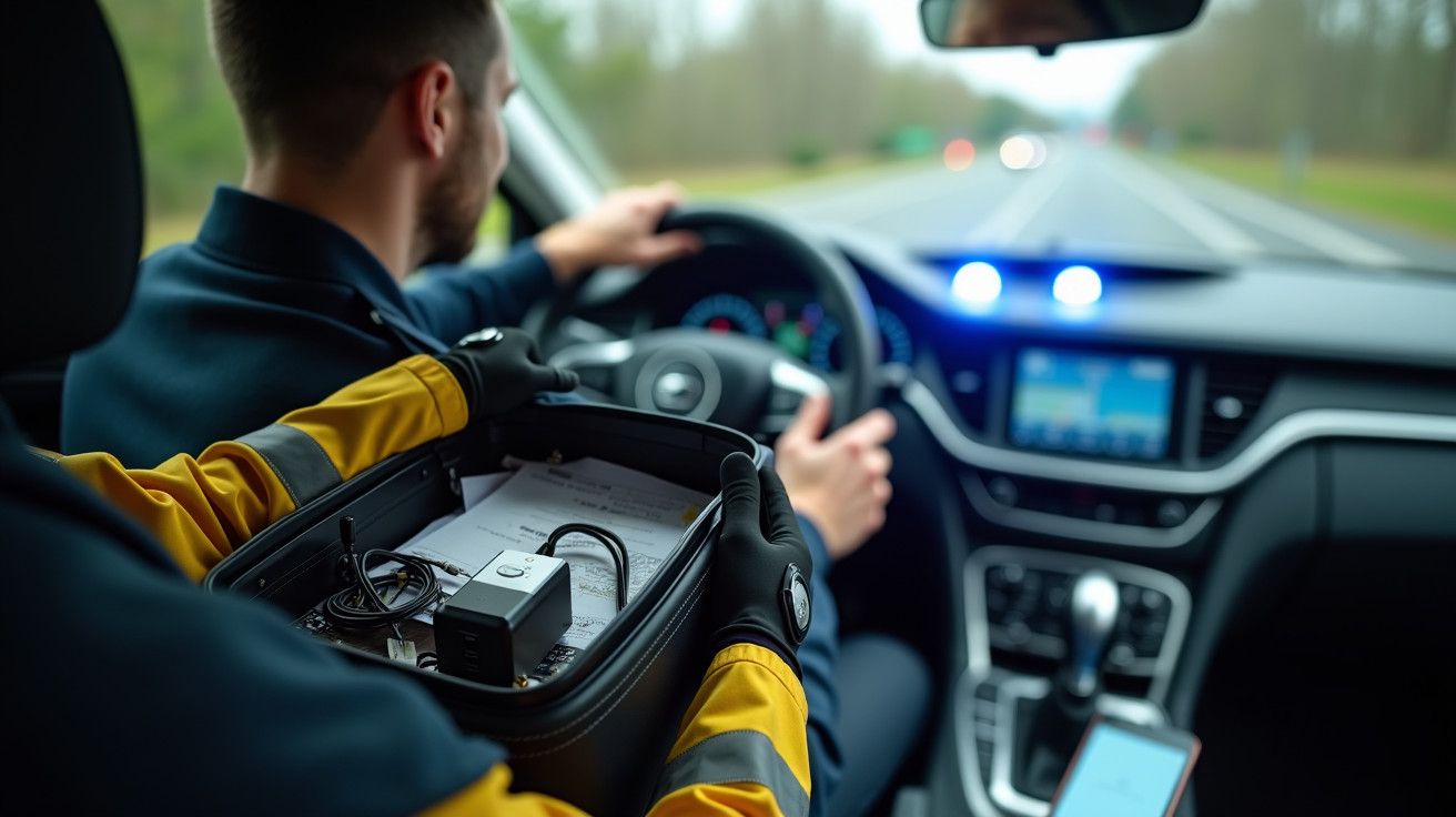 Dois polícias num carro em movimento numa estrada; um segura uma mala aberta com dispositivos eletrónicos.