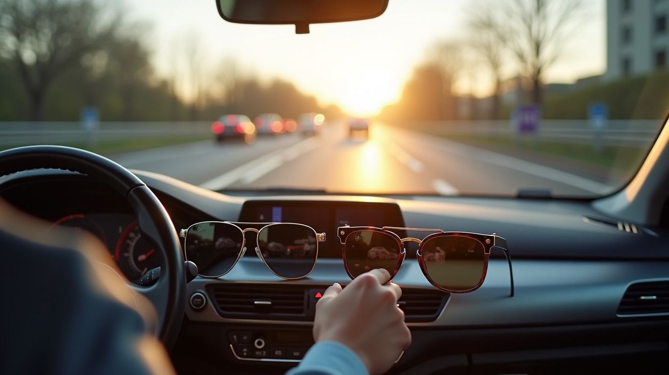 Pessoa no carro ao pôr do sol, segura dois óculos de sol no tablier enquanto conduz na autoestrada.