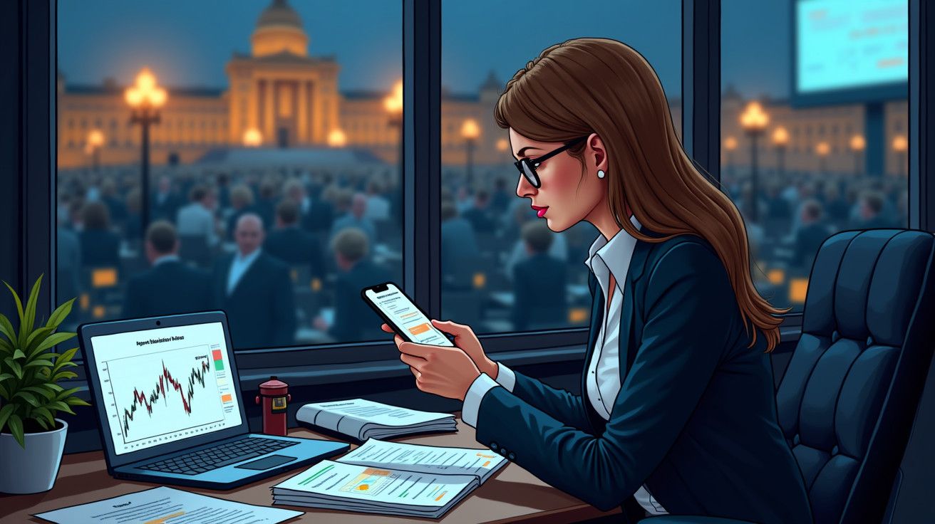 Mulher de óculos num escritório à noite, analisa gráficos no portátil e no telemóvel, com edifício iluminado ao fundo.