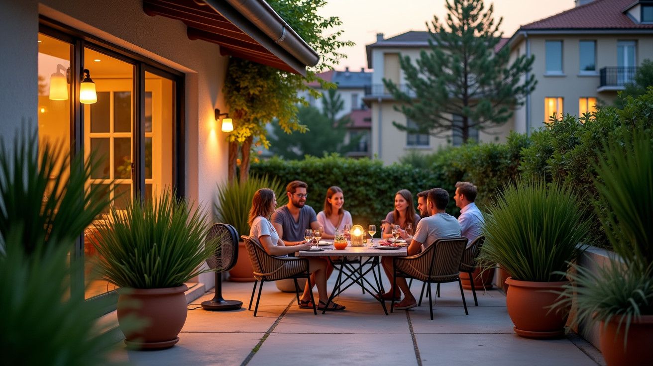 Amigos jantam ao ar livre em pátio iluminado, rodeados de plantas, ao entardecer.