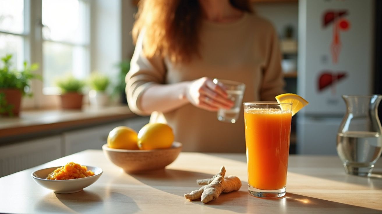 Copo de sumo de laranja com uma rodela, em cima de uma mesa, ao lado de limões e gengibre, mulher ao fundo.