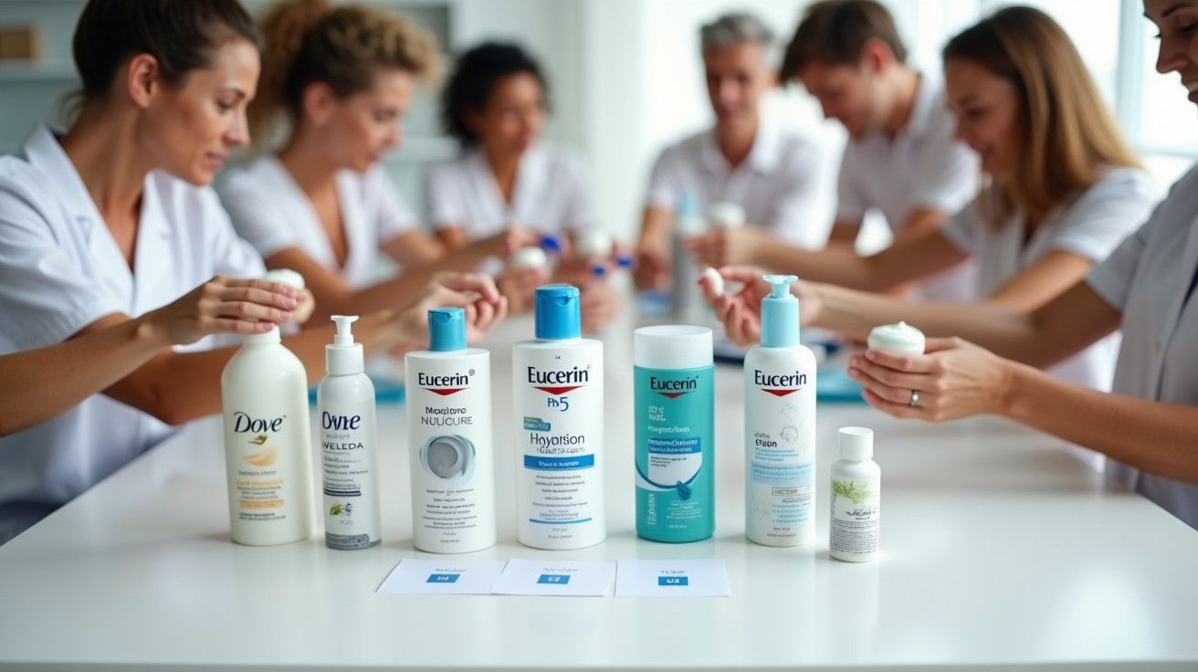 Produtos Eucerin e Dove sobre a mesa, pessoas ao fundo em batas brancas analisam amostras.