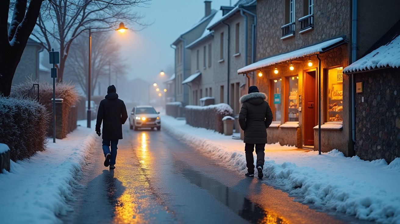 Duas pessoas caminham por rua nevada, à noite, com luzes acesas. Carro ao fundo e loja com vitrine iluminada.