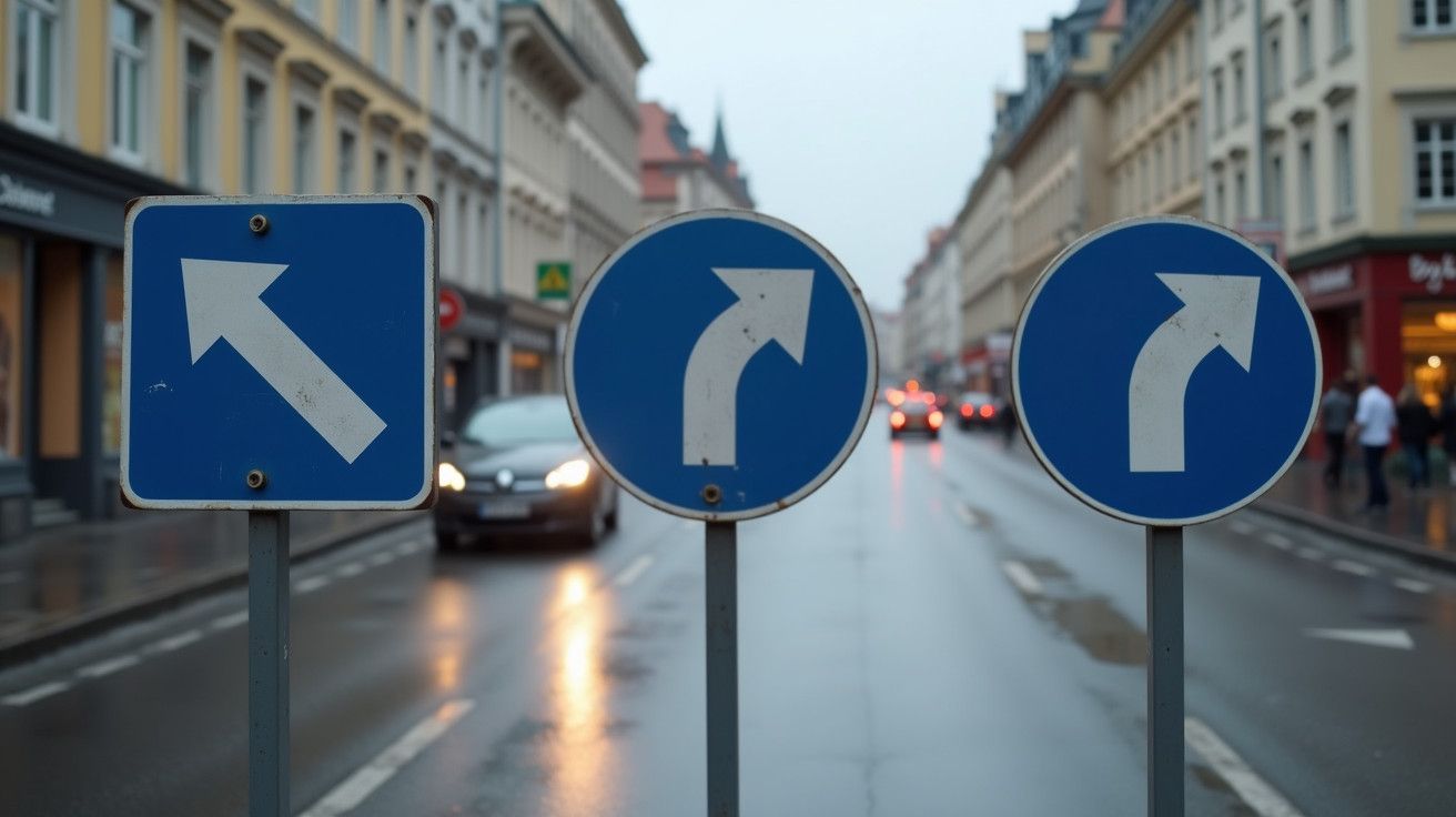 Três sinais azuis de trânsito numa rua; setas indicam esquerda, meia volta à direita e direita.