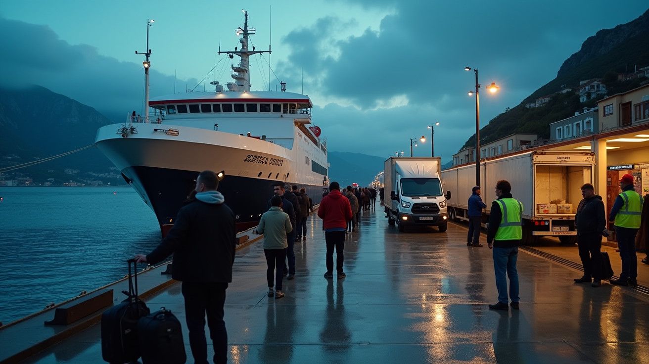 Pessoas embarcando num ferry ao amanhecer, com camiões de carga e funcionários num cais molhado e iluminação pública.