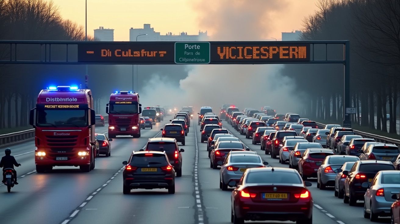 Trânsito intenso em autoestrada ao nascer do sol, com camiões de emergência e sinais luminosos acima da estrada.