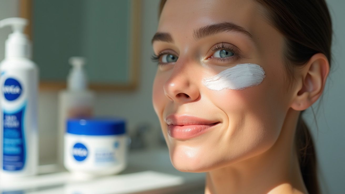 Mulher com creme facial na bochecha, sorrindo. Produtos de cuidados de pele ao fundo em um banheiro iluminado.