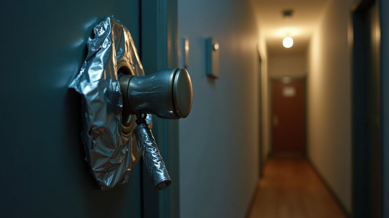 Maçaneta da porta embrulhada em folha de alumínio, corredor iluminado ao fundo.