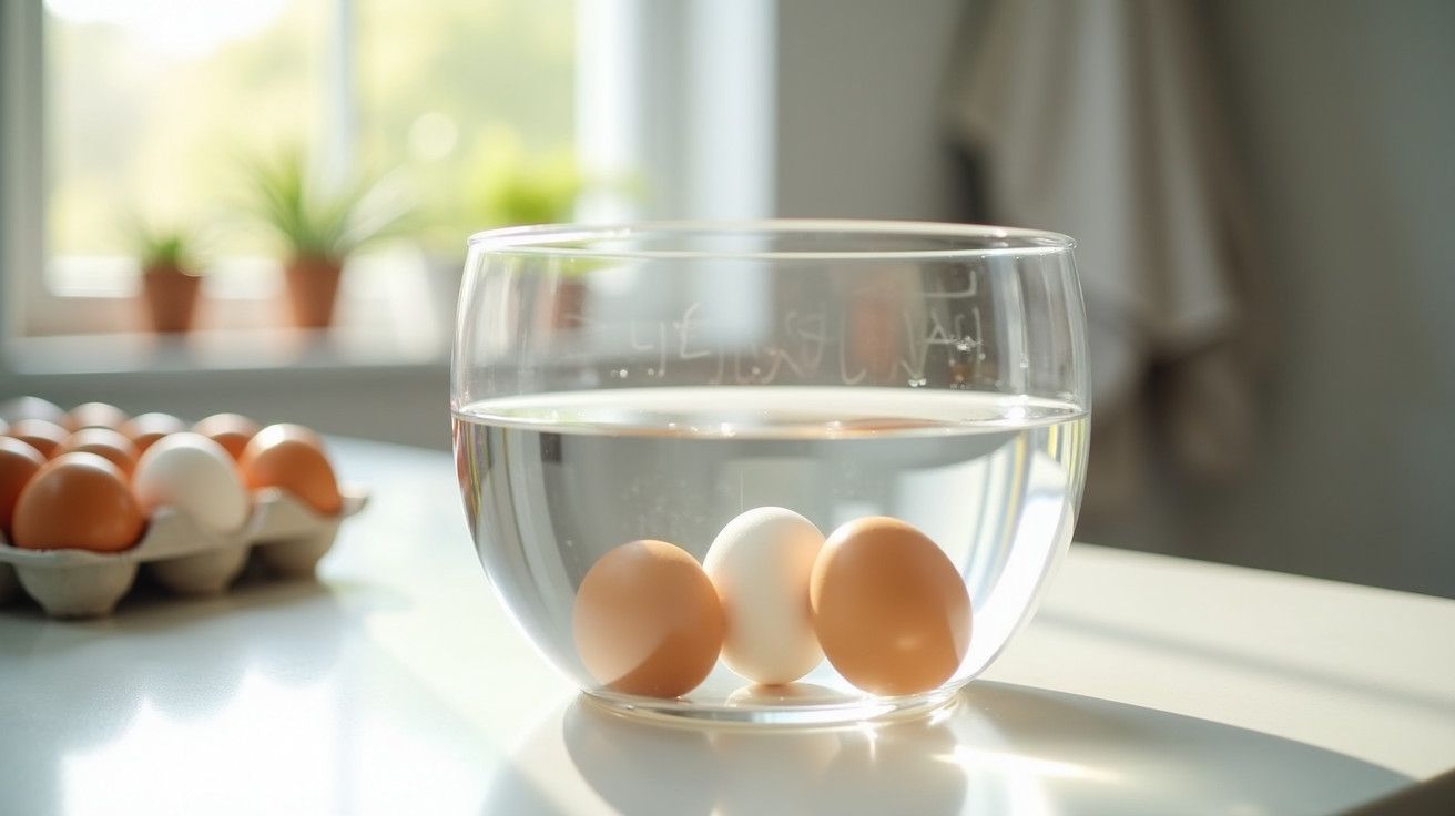 Tigela de vidro com água contém três ovos parcialmente submersos, com uma janela e plantas ao fundo.