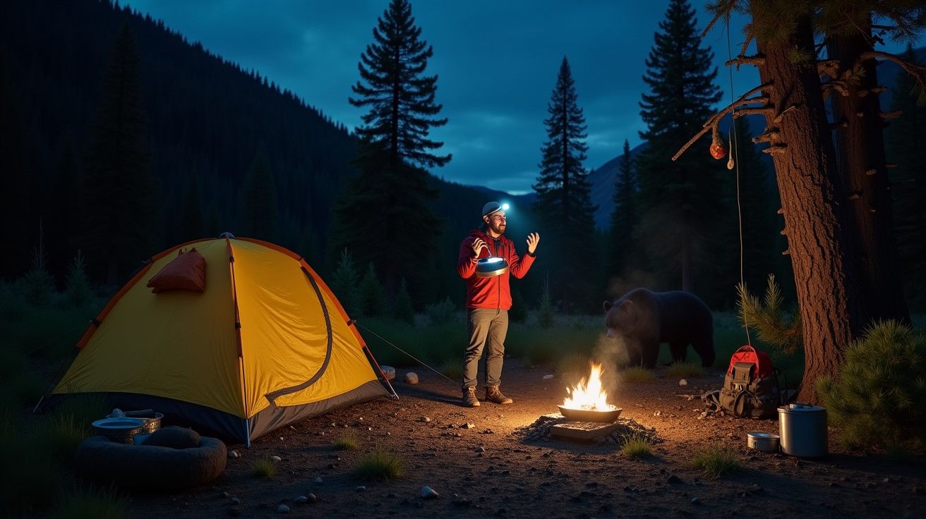Pessoa acampando à noite, com lanterna na cabeça, junto a uma fogueira e uma tenda amarela, com um urso ao fundo.