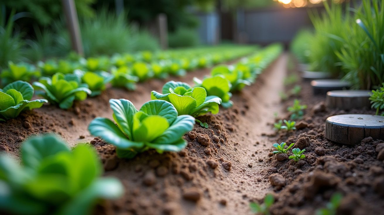 Fila de alfaces frescas crescendo num jardim bem cuidado, com terra úmida e iluminação suave ao entardecer.