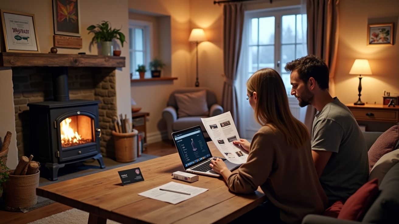 Casal sentado à mesa com lareira acesa, analisando documentos e portátil num ambiente aconchegante de sala.