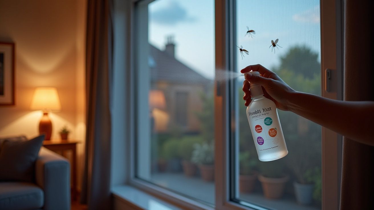Pessoa pulveriza inseticida numa janela ao pôr do sol com moscas visíveis do lado de fora.