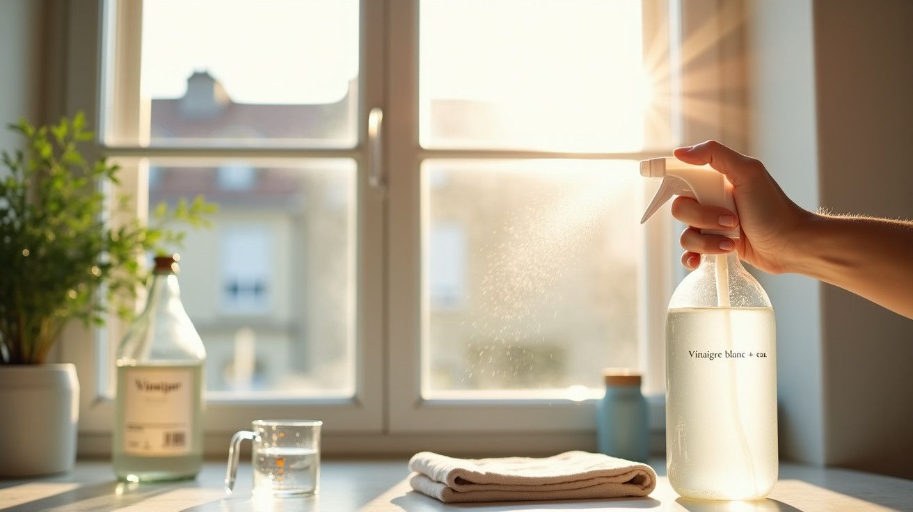 Mão a borrifar spray de limpeza num frasco, com uma garrafa e pano sobre a mesa, iluminados pelo sol através da janela.