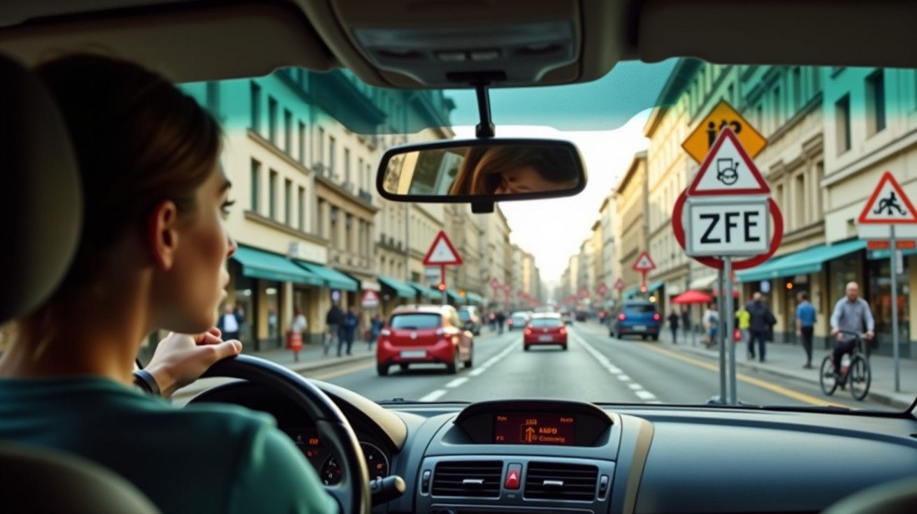 Motorista numa rua movimentada com sinais de trânsito e ciclistas à volta, vista do interior do carro.