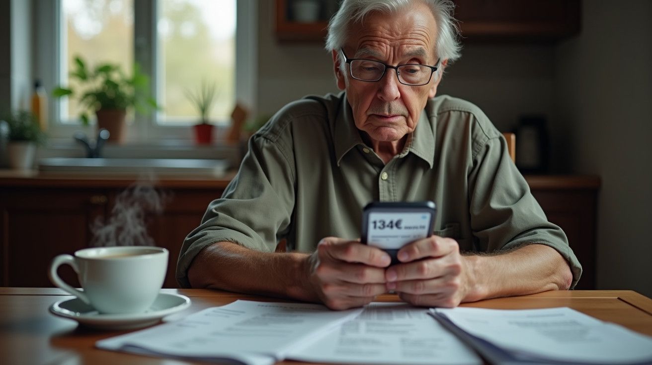 Homem idoso de óculos consulta telemóvel com valor de 134€, rodeado de papéis, numa cozinha aconchegante.