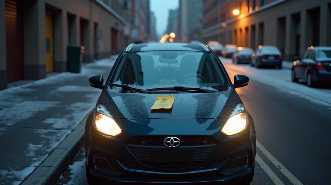 Carro preto estacionado na rua com neblina ao anoitecer, multa de estacionamento no para-brisas.