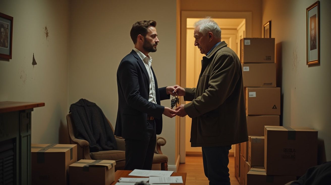 Dois homens a trocarem chaves numa sala com caixas de mudanças e mobília, luz suave e ambiente sério.