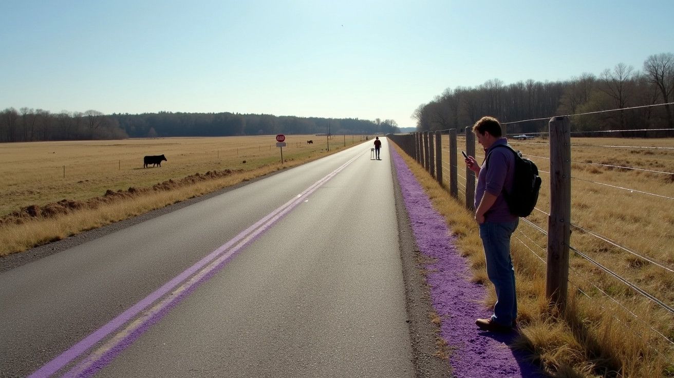 Homem com mochila ao lado de uma estrada rural com linhas roxas, vaca à esquerda e pessoa ao fundo.