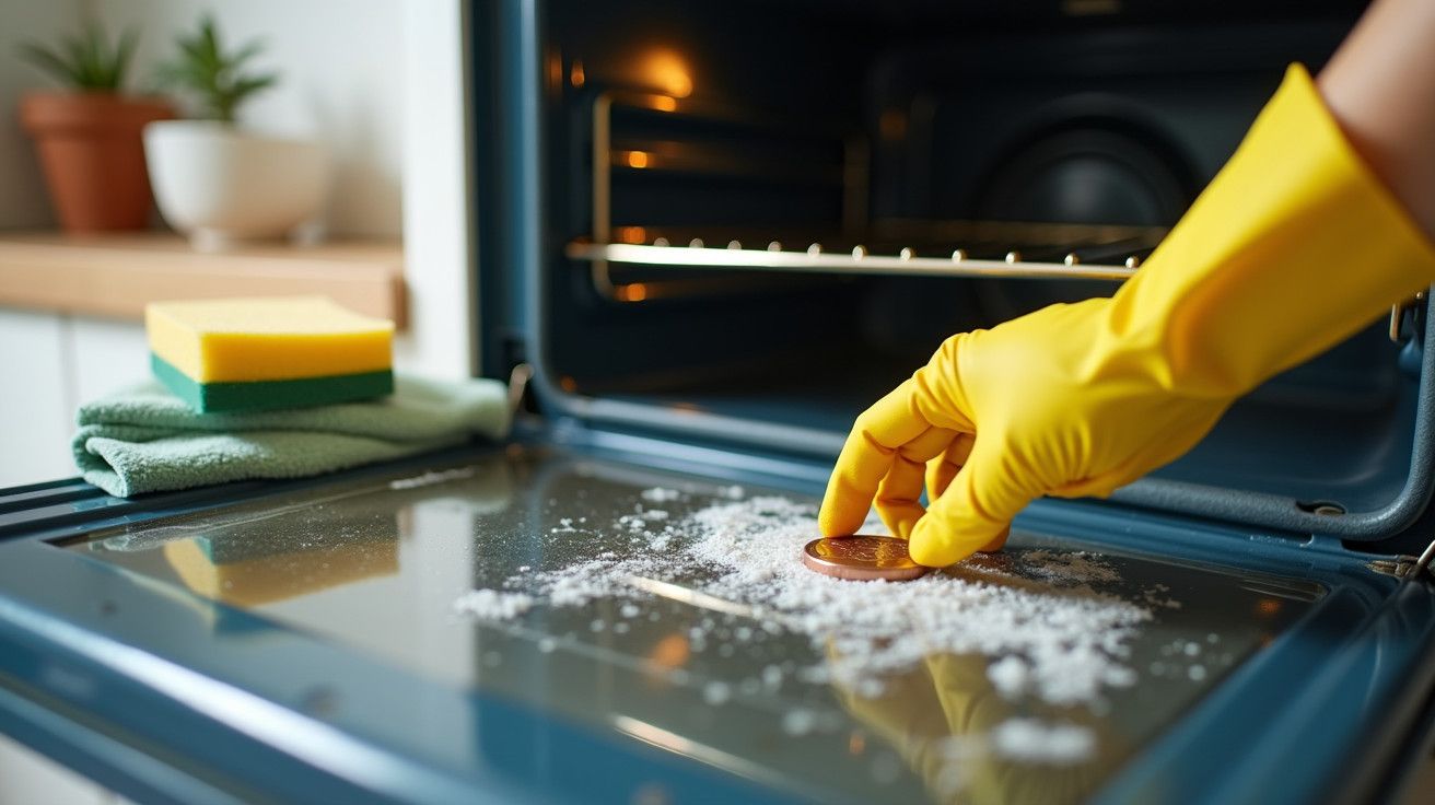 Mão com luva amarela limpa forno com sal e esponja ao lado.