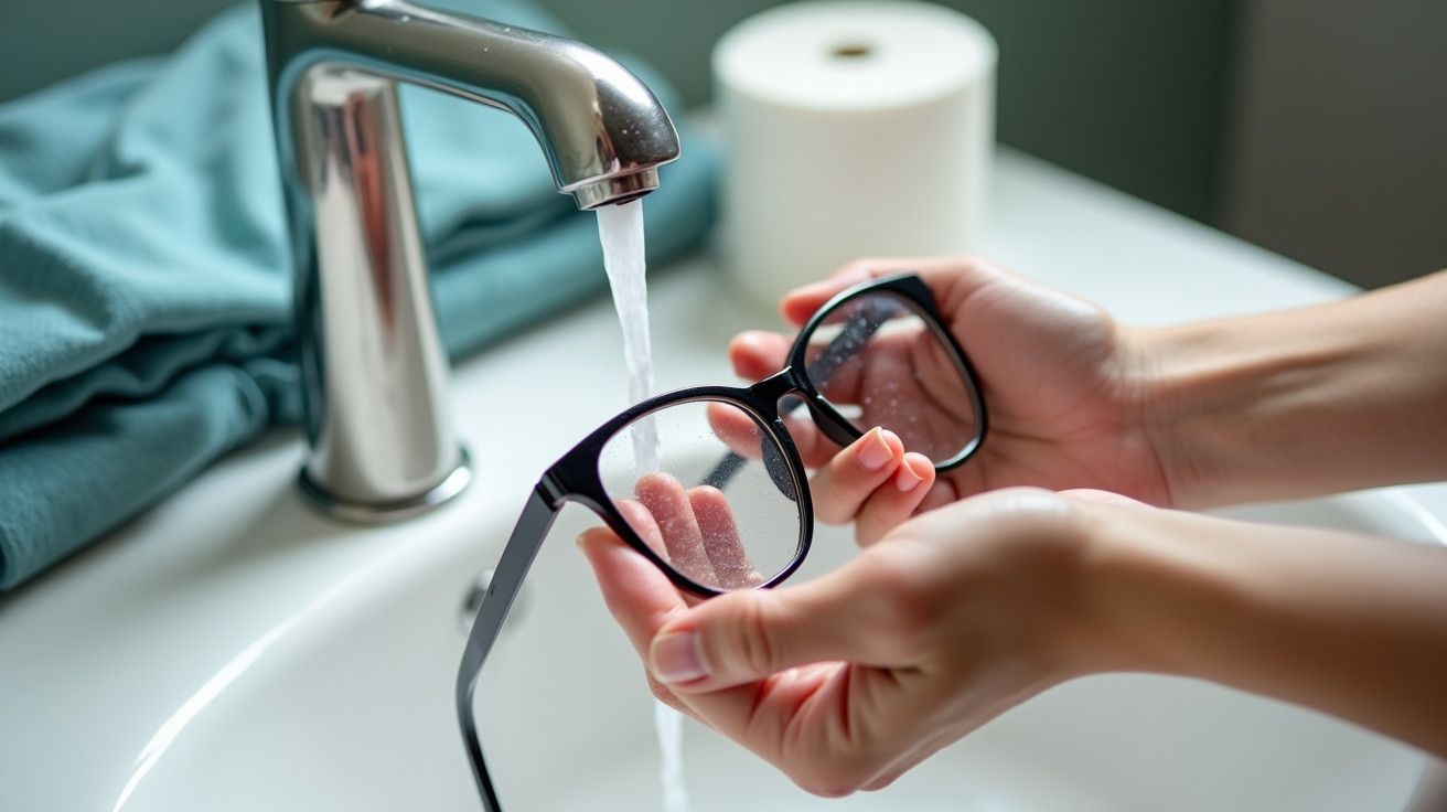 Mãos lavando óculos debaixo de água corrente numa torneira, com toalha verde e rolo de papel ao fundo.
