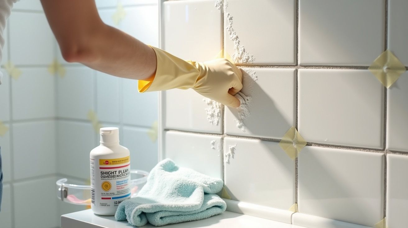 Pessoa a limpar azulejos de casa de banho com luvas e produto de limpeza, pano azul sobre o balcão.