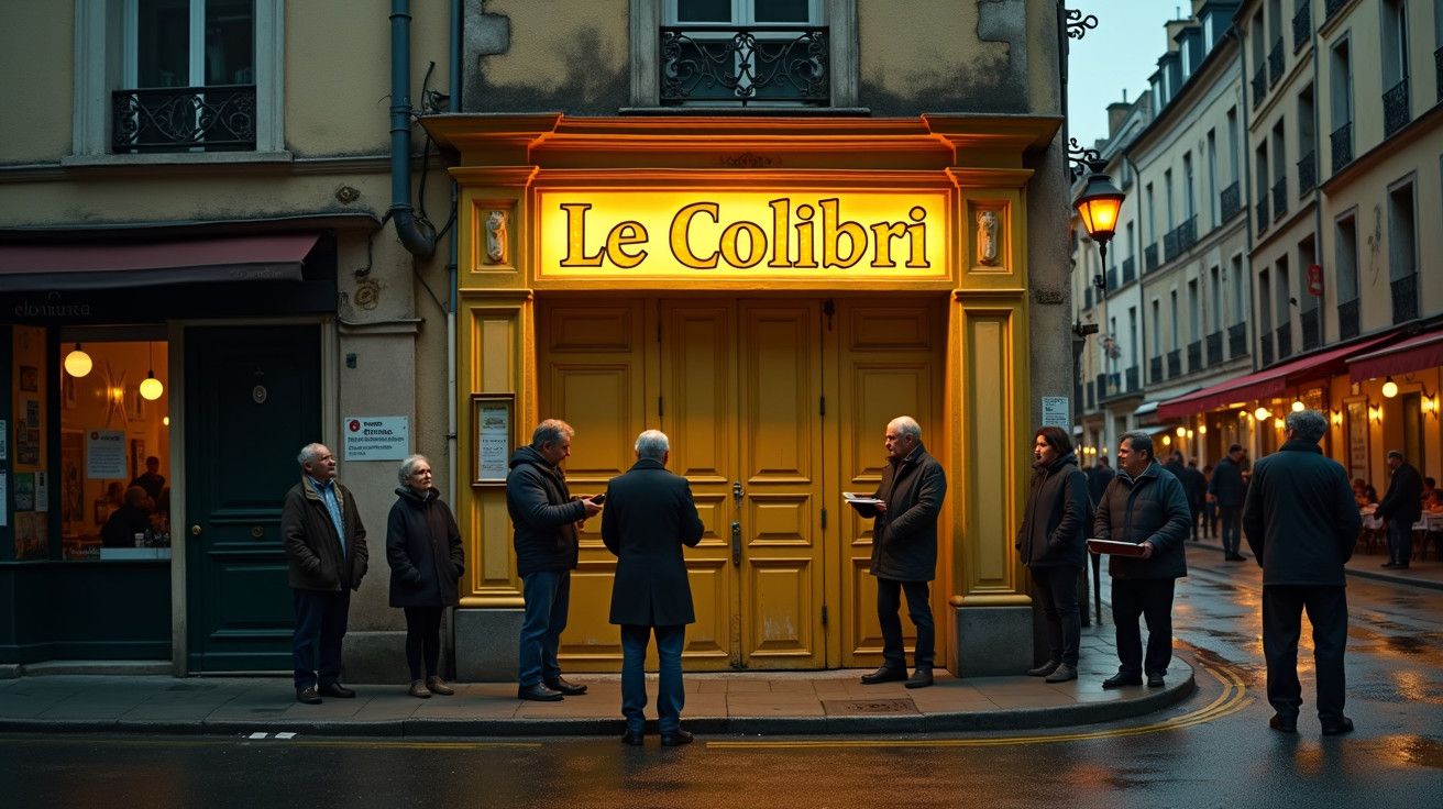 Pessoas em frente ao café Le Colibri em Paris, com fachadas iluminadas ao entardecer.
