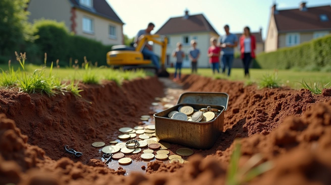 Caixa de metal com moedas numa vala, crianças e adultos ao fundo, casas e máquina de escavação visíveis.