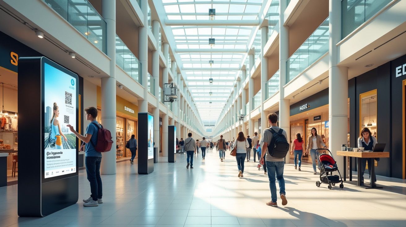 Centro comercial movimentado com pessoas a passear, fachada envidraçada e luz natural.