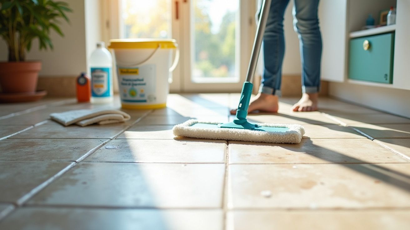 Pessoa a limpar chão de azulejos com esfregona numa cozinha iluminada pelo sol. Balde e detergente ao fundo.