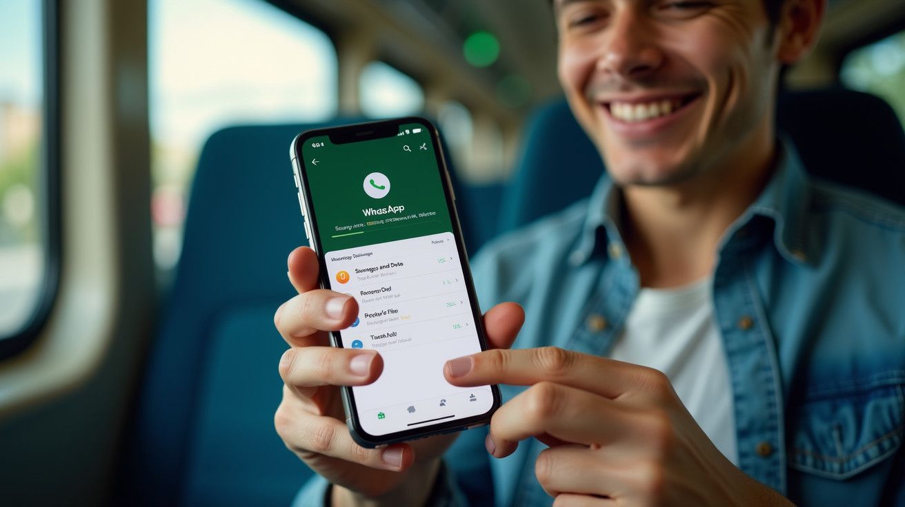 Homem sorridente num comboio, segurando smartphone com ecrã do WhatsApp aberto, mostrando contatos e conversas.
