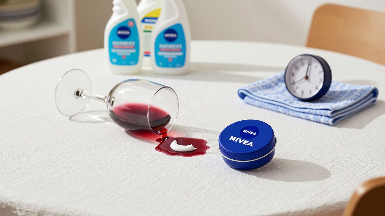 Copo de vinho tinto derramado sobre mesa branca, produtos Nivea atrás e toalha com relógio ao lado.