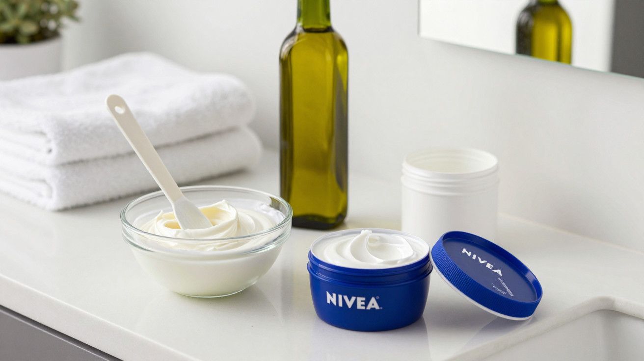 Pote de creme Nivea aberto em bancada de casa de banho, ao lado de toalhas e tigela com espátula.