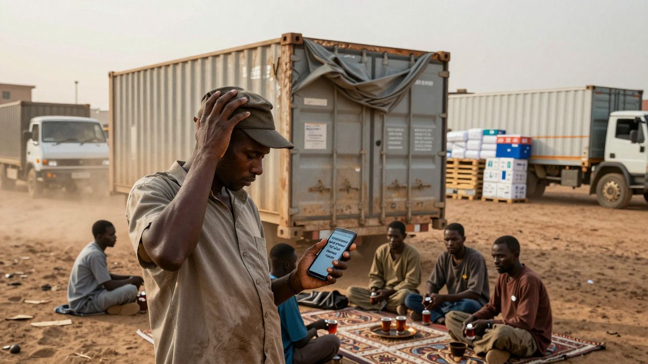 Homem em pé com telemóvel, junto a cinco homens sentados no chão a tomar chá, com camiões e contentores ao fundo.