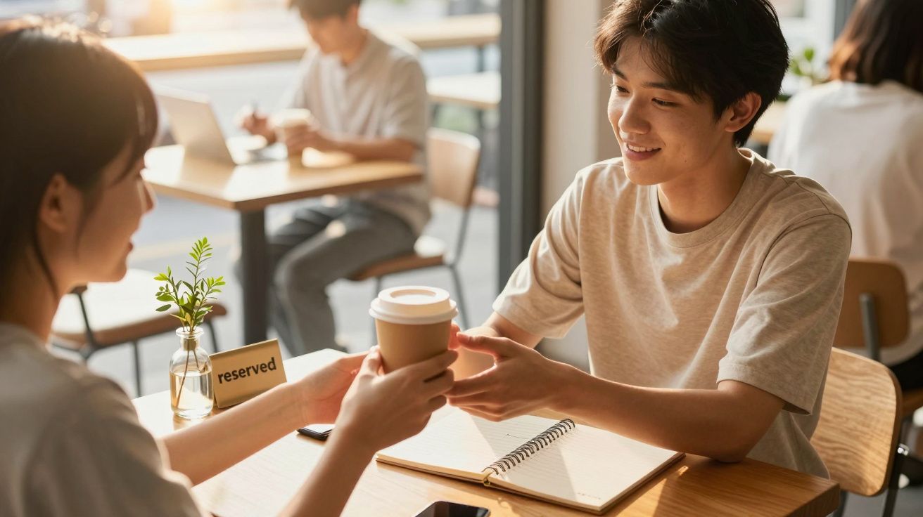 Jovens num café, sorrindo e trocando um copo de bebida sobre a mesa com um bloco de notas aberto.