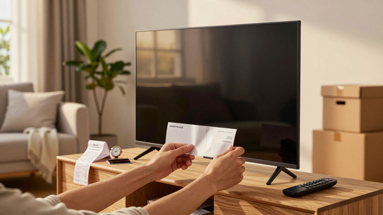 Pessoa segura instruções em frente a uma TV num ambiente de sala de estar com caixas ao fundo.