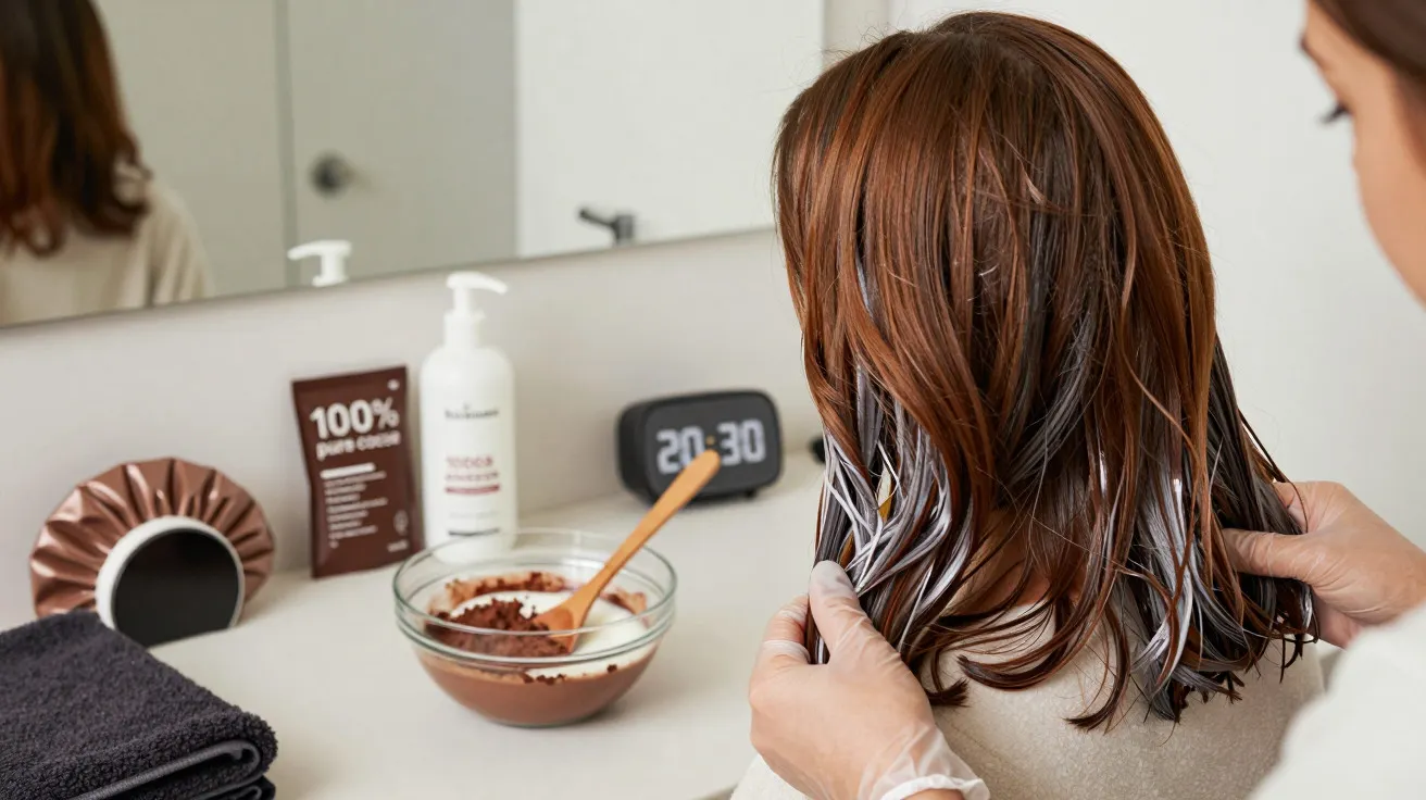 Mulher aplica máscara capilar num cabelo castanho, numa casa de banho.