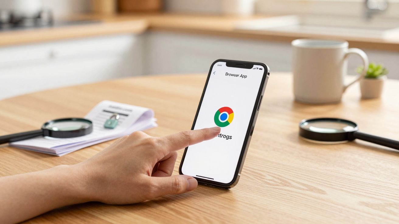 Pessoa a tocar no ícone de navegador num smartphone em cima de uma mesa de madeira com lupa e caneca ao fundo.