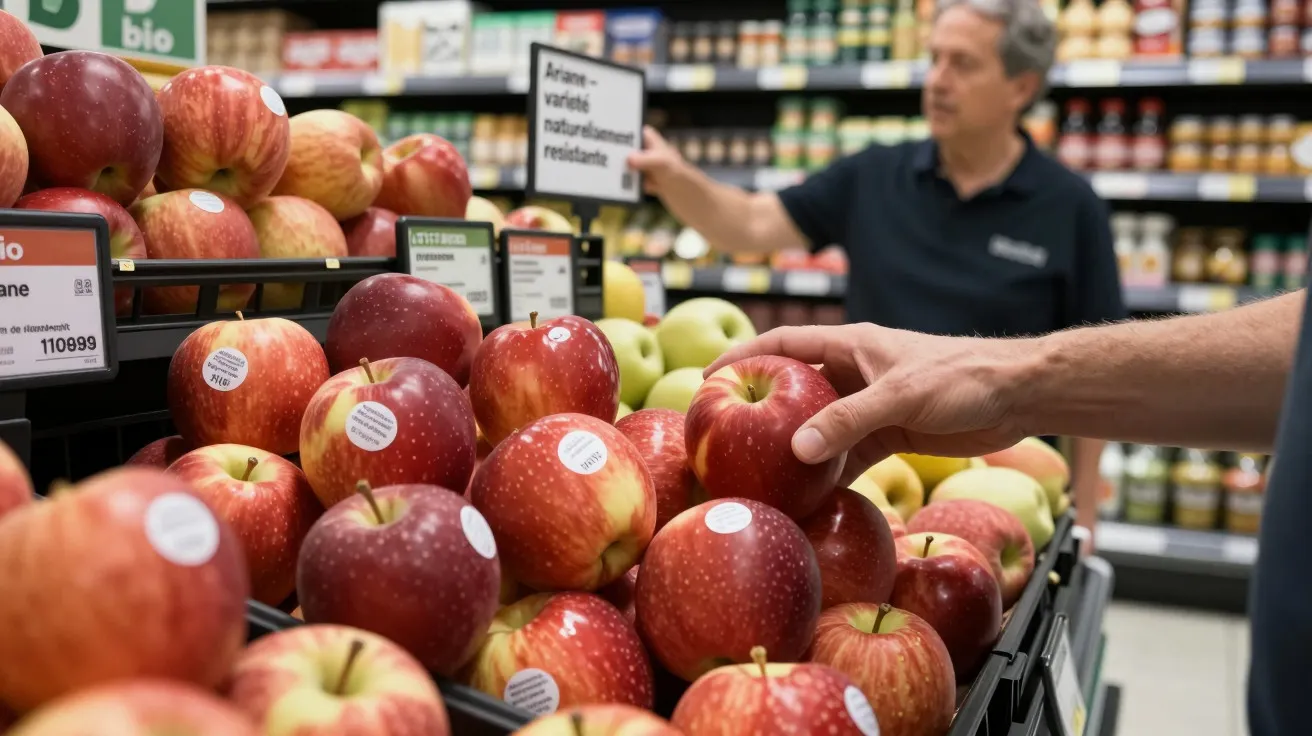 Mão a escolher maçã vermelha numa loja, com prateleira repleta de frutas e homem ao fundo.