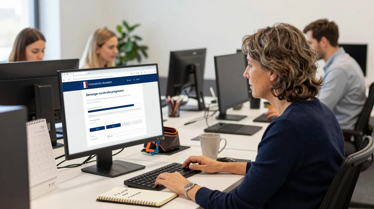 Pessoa a trabalhar num escritório, a usar computador com página de entrada no ecrã, outras pessoas ao fundo.
