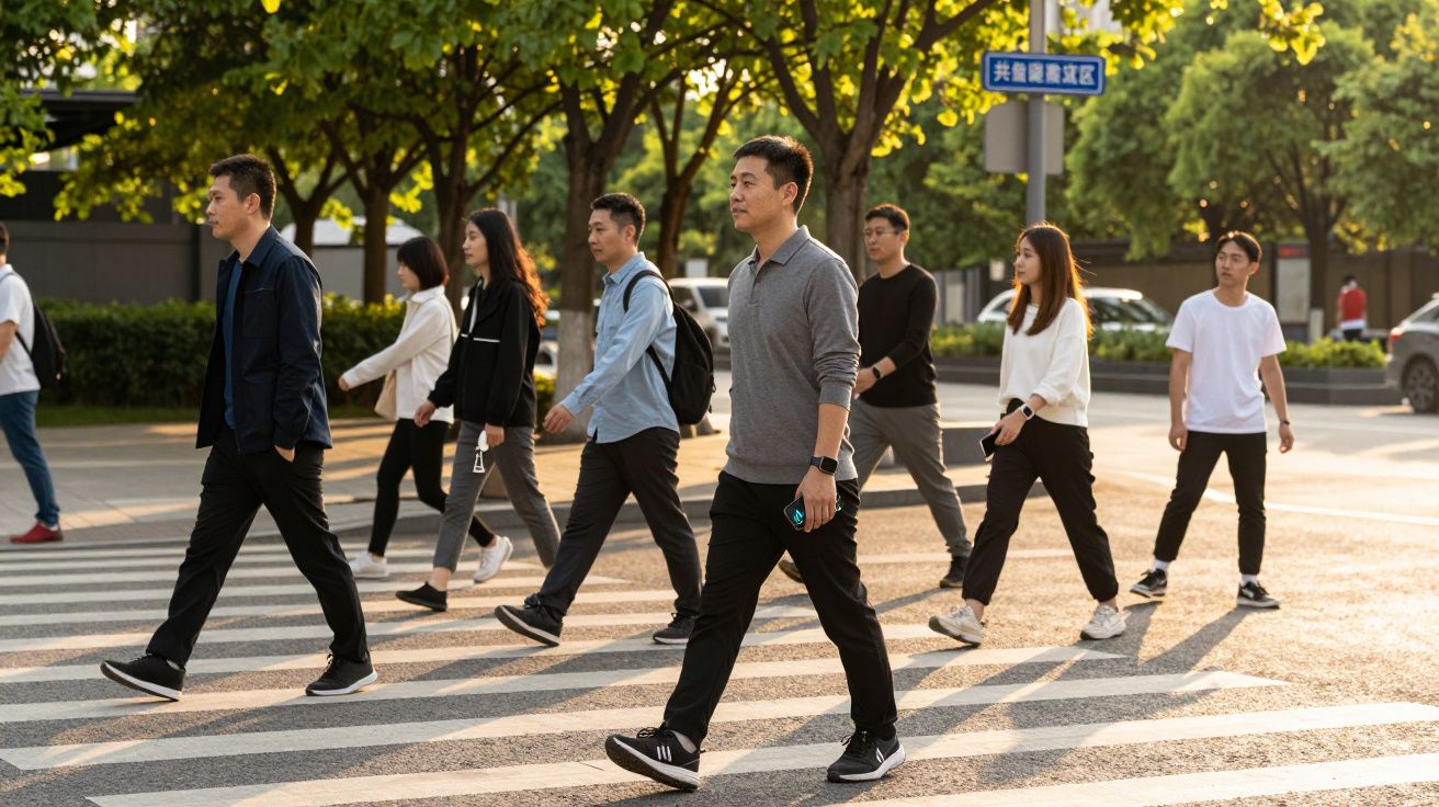 Pessoas a atravessar uma passadeira numa rua arborizada durante o dia.
