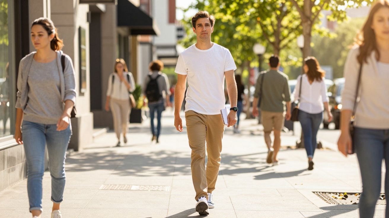Homem a caminhar numa rua movimentada sob o sol, rodeado por várias pessoas em trajeto.