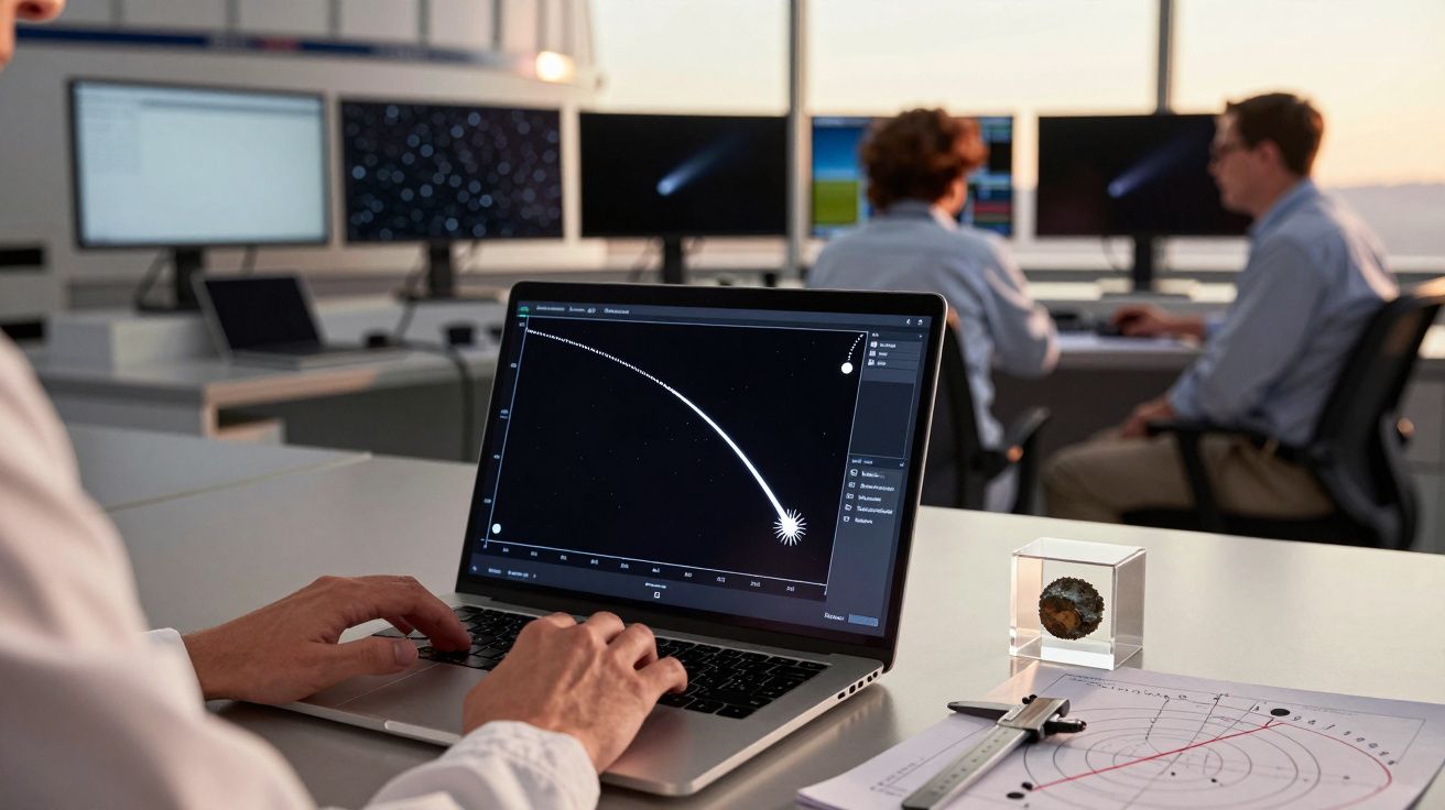 Pessoa analisa trajetória de objeto espacial em computador portátil, com dois colegas ao fundo em sala de controlo.