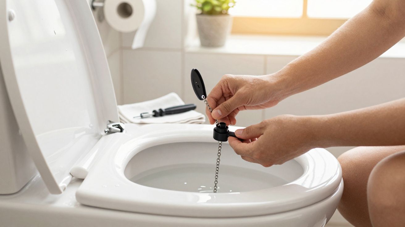 Pessoa conserta autoclismo na casa de banho, ajustando a corrente de descarga do vaso sanitário.