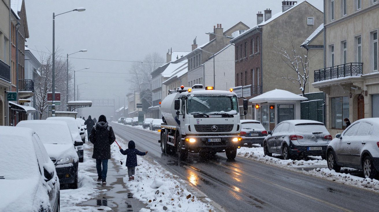 Rua coberta de neve com peões e camião limpa-neves ao centro; carros estacionados à direita.