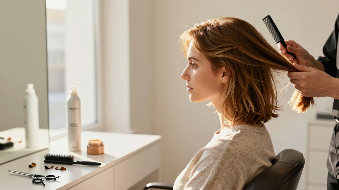 Mulher sentada num salão de beleza, cabelo penteado por um profissional, com utensílios de cabeleireiro na mesa.