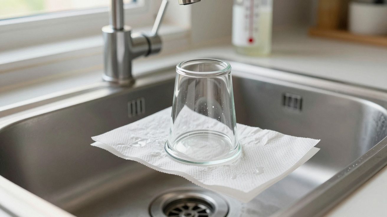 Copo de vidro virado ao contrário sobre papel de cozinha dentro de um lava-loiça metálico, próximo de uma janela.