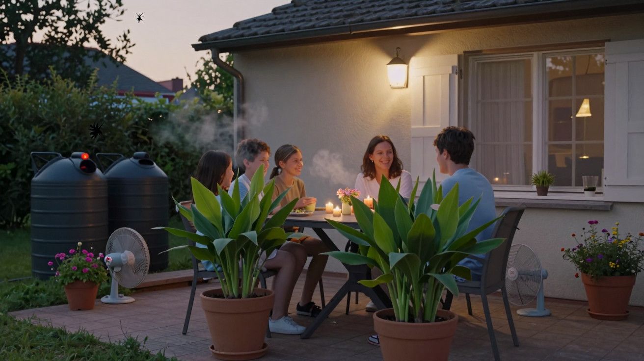 Grupo de amigos a jantar ao ar livre, à noite, em pátio iluminado por vela ao lado de uma casa.