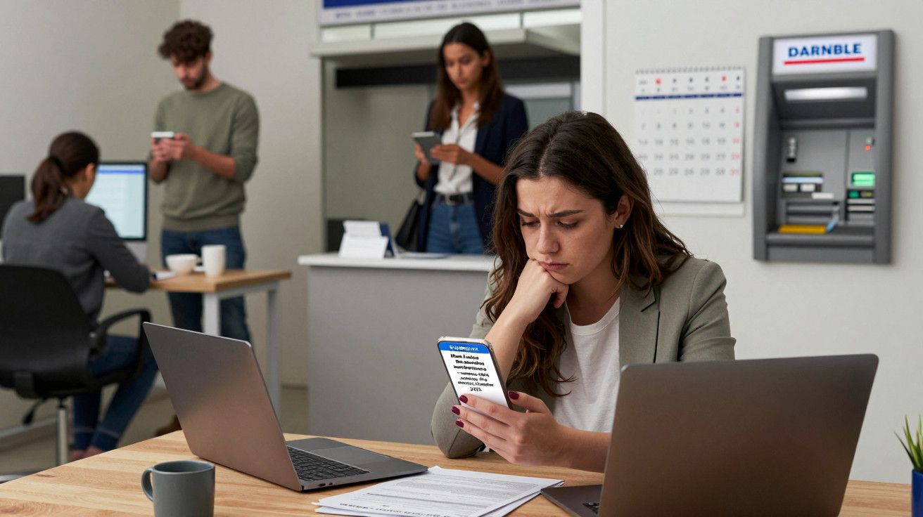 Mulher preocupada olha para o telemóvel no escritório; um multibanco está na parede ao fundo, pessoas ao fundo.