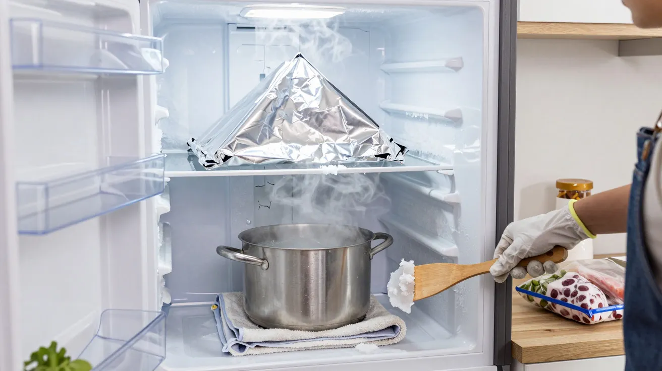 Pessoa a descongelar frigorífico com panela de água quente e espátula.